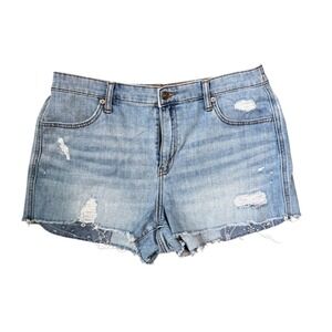 Aerie Women Distressed Denim Cutoff Shorts Blue Paisley Lined Elastic Waist L G
